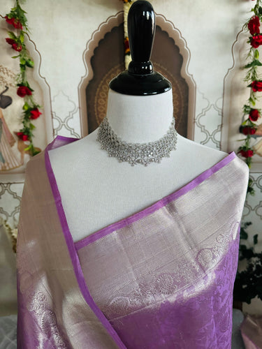 ShopNaya Exclusive | Metallic Kanchipuram Pure Silk Saree | Lilac | Pure Silver Zari | Handwoven | Ships from California